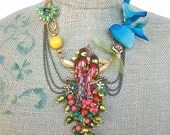 Flamenco- tie necklace with Vintage components, Vintage Enameled birds, and multi colored hand beading