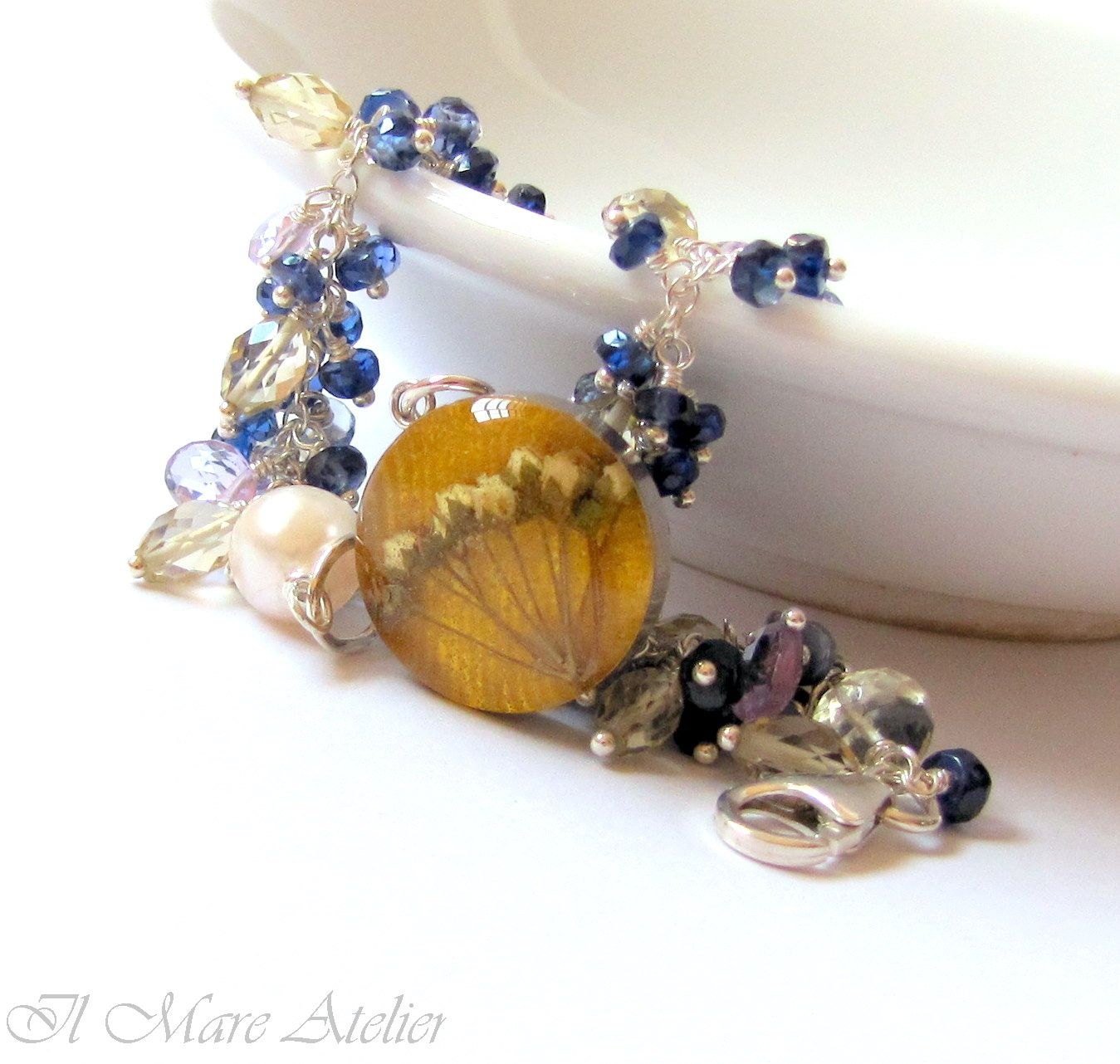 Lilac Amethyst and Blue sapphire Bracelet with handmade flower pendant - Rose Jaune