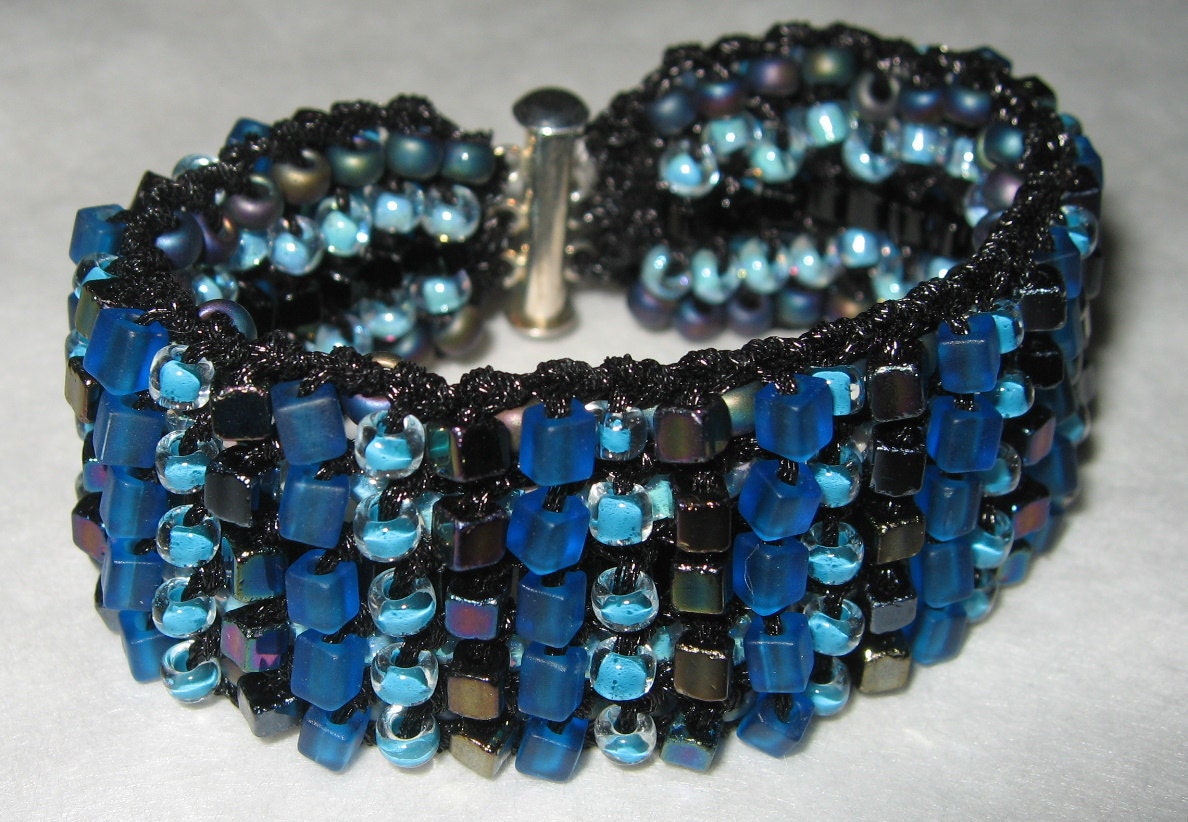 Midnight  Blue, Black Reversible Cuff, Two  in One Hand  Knit Bracelet- OOAK Original by Sereba Designs