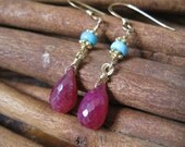 Ruby, Sleeping Beauty Turquoise Gold Earrings