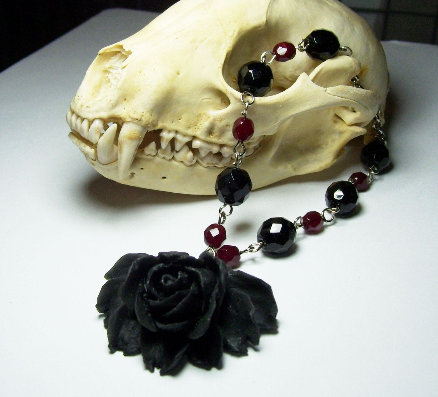 Death of the Vampire- Black Rose Cabochon Neo Victorian Antique Silver Black and Oxblood Red Czech Glass Crystal Bead Gothic Steampunk Necklace Pendant