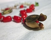 Red Tulip Flower Necklace - Vintage Brass, Bamboo Coral