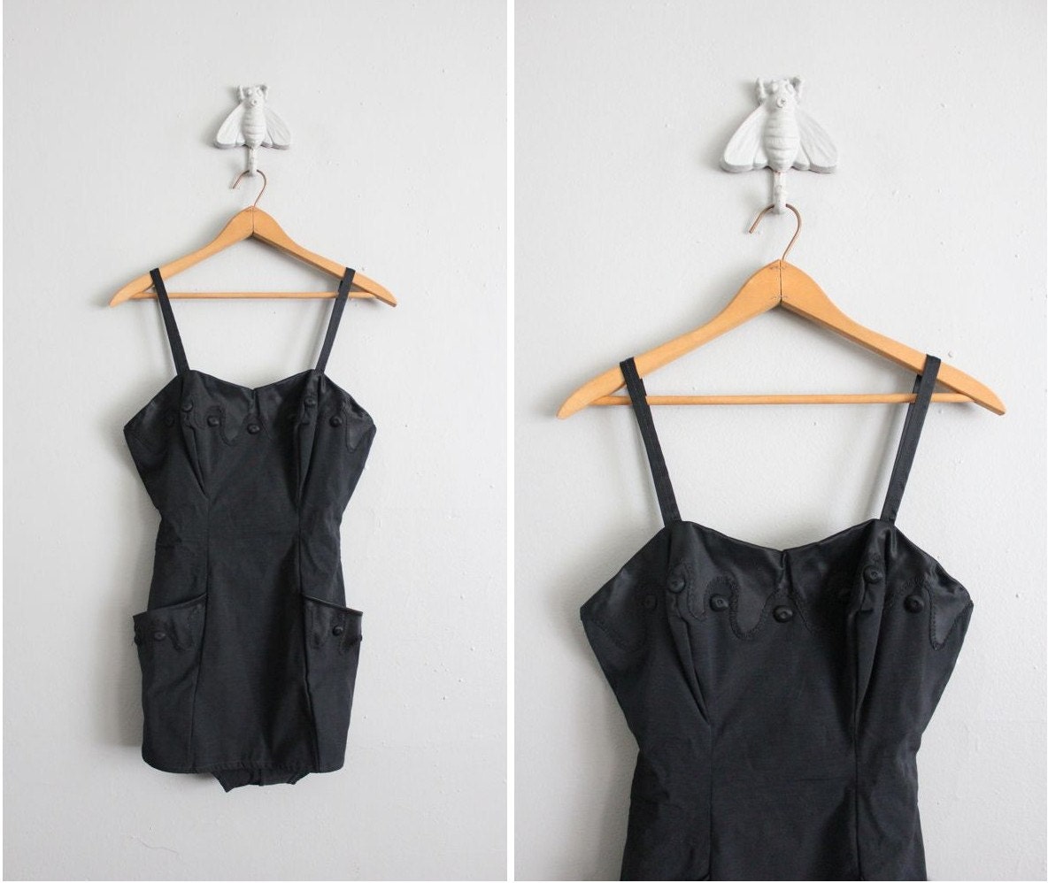 1950s vintage black bombshell pocket swimsuit
