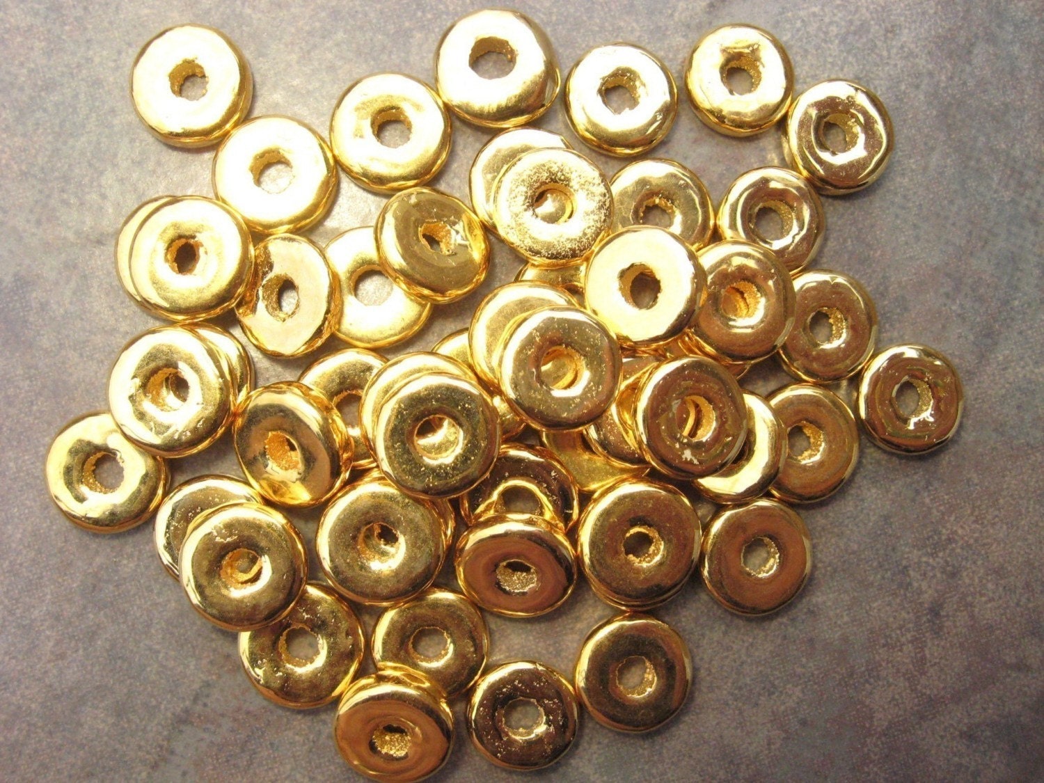 10 GOLD Metalized Greek Ceramic Beads 8mm Round Washer Spacers