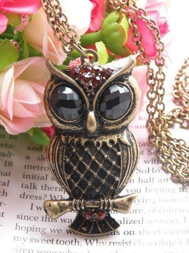 Pretty retro copper owl with black crystals eyes on branch necklace pendant jewelry vintage style