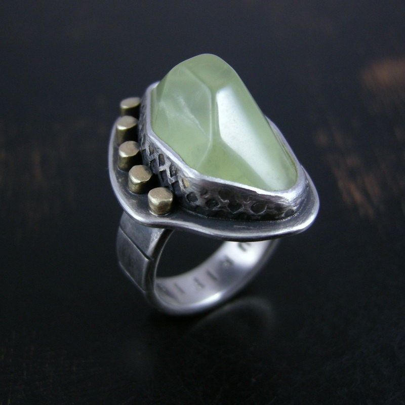 Future primitive yellow green Prehnite ring sterling silver brass soft facet
