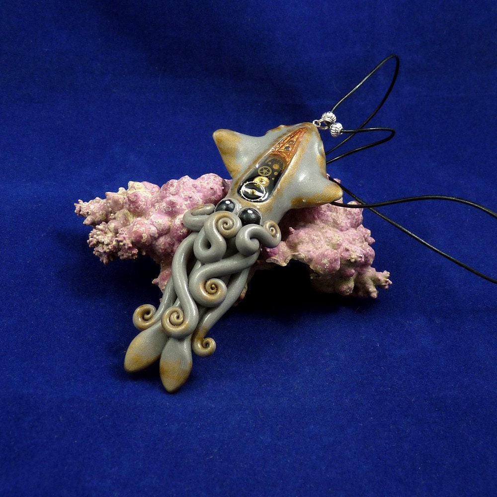 Steampunk Squid Necklace - Handmade Polymer Clay Jewelry