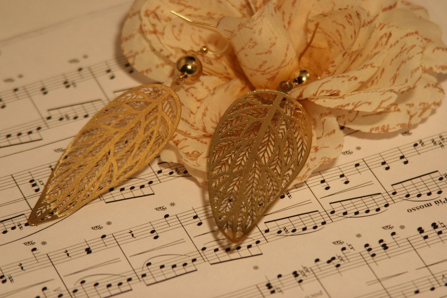 Leaf Earrings, Large, Gold Tone, French Hooks