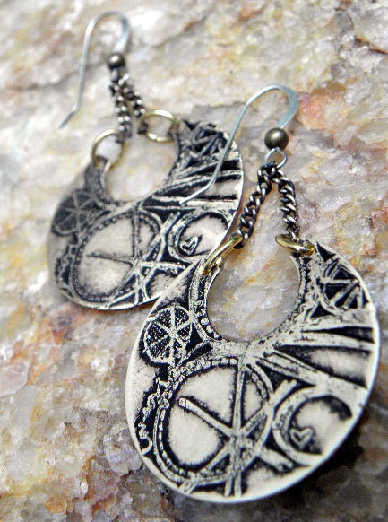 Squiggle Design earrings with chain, Etched Brass, ThePurpleLilyDesigns