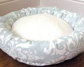 One-Piece 15" - Dog Bed - Cat Bed - Powder Blue Damask & Ivory Micromink Fleece - Cat Bed - Dog Bed