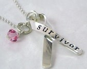 Personalized Awareness Ribbon sterling silver necklace with crystal -- hand stamped