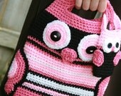 Owl tote crochet in black, white, mauve and pink with wings for pockets and button eyes Custom order Mothers Day gift Graduation