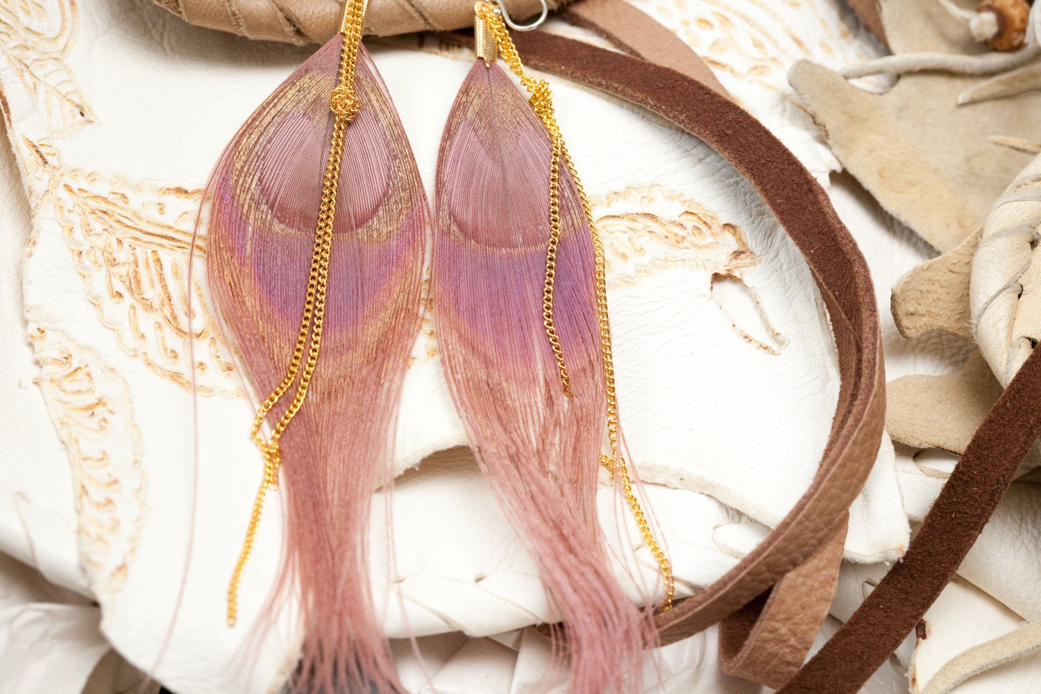 dusty rose peacock feather earrings