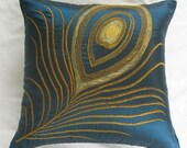 teal blue decorative throw pillow cover peacock feather 16 inch cushion cover