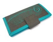 Wallet Embroidered Teal Peacock Feather Gray