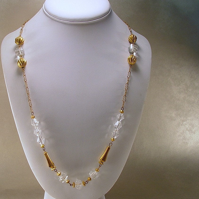 Vintage Art Deco Style Brass & Crystal Necklace Long 1940s 1950s