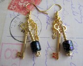 Key Dangly Earrings, Gold with Dichroic Glass