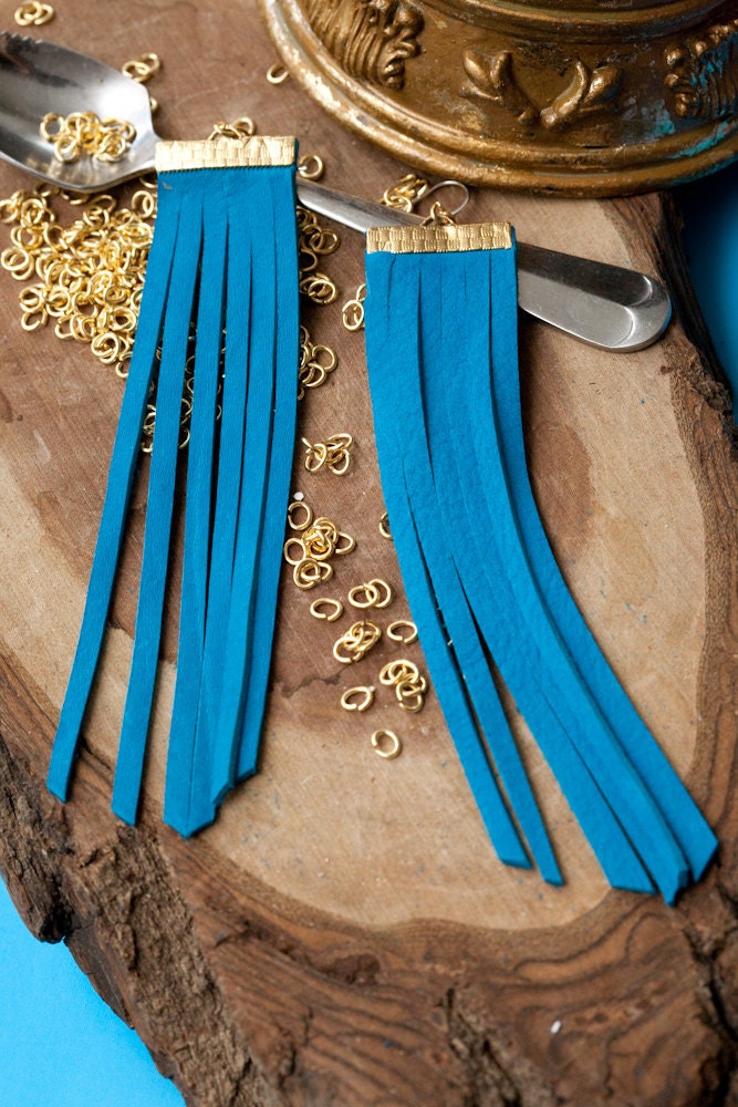 long turquoise leather fringe earrings