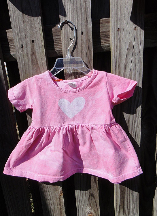 Baby Girls Dress: Pink with Batik Heart, Short Sleeves (12 months) READY TO SHIP