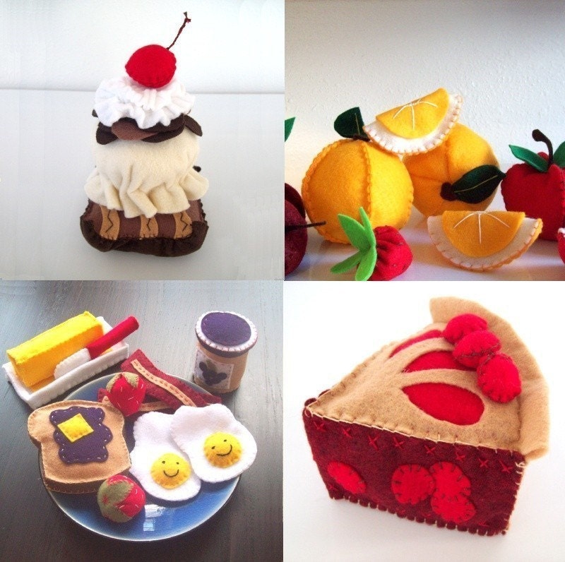 PDF Felt Toy Patterns - 5 Food Patterns you choose Fruit, Veggies, Cake, Tea Set and More