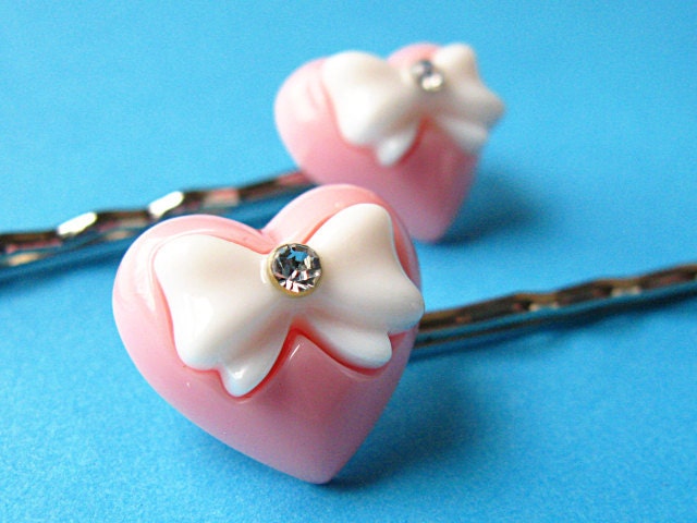 Heart & Bow Bobby Pins with Rhinestones - Peach Pink White