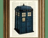 British BLUE POLICE BOX Booth beautifully upcycled vintage dictionary page book art print - Buy 3 get 1 Free