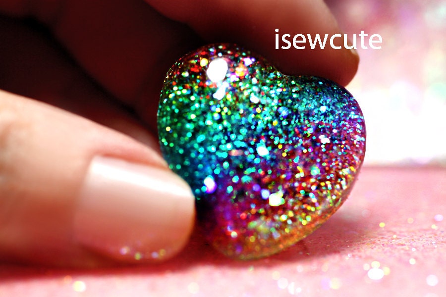 Waterproof Beach Ready Rainbow Ring ...a sparkly summertime heart shaped party time ring full of glitter... handmade by isewcute