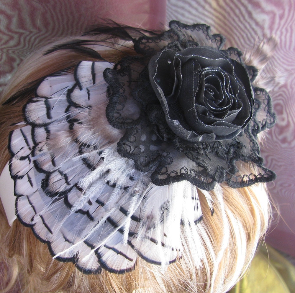 Fascinator Hatinator HeadBand with Black and White Feathers and Black Flowers