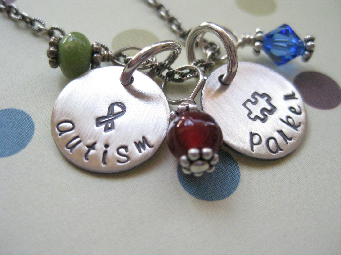 Hand Stamped Autism Awareness Necklace With Puzzle Piece And Ribbon Stamps