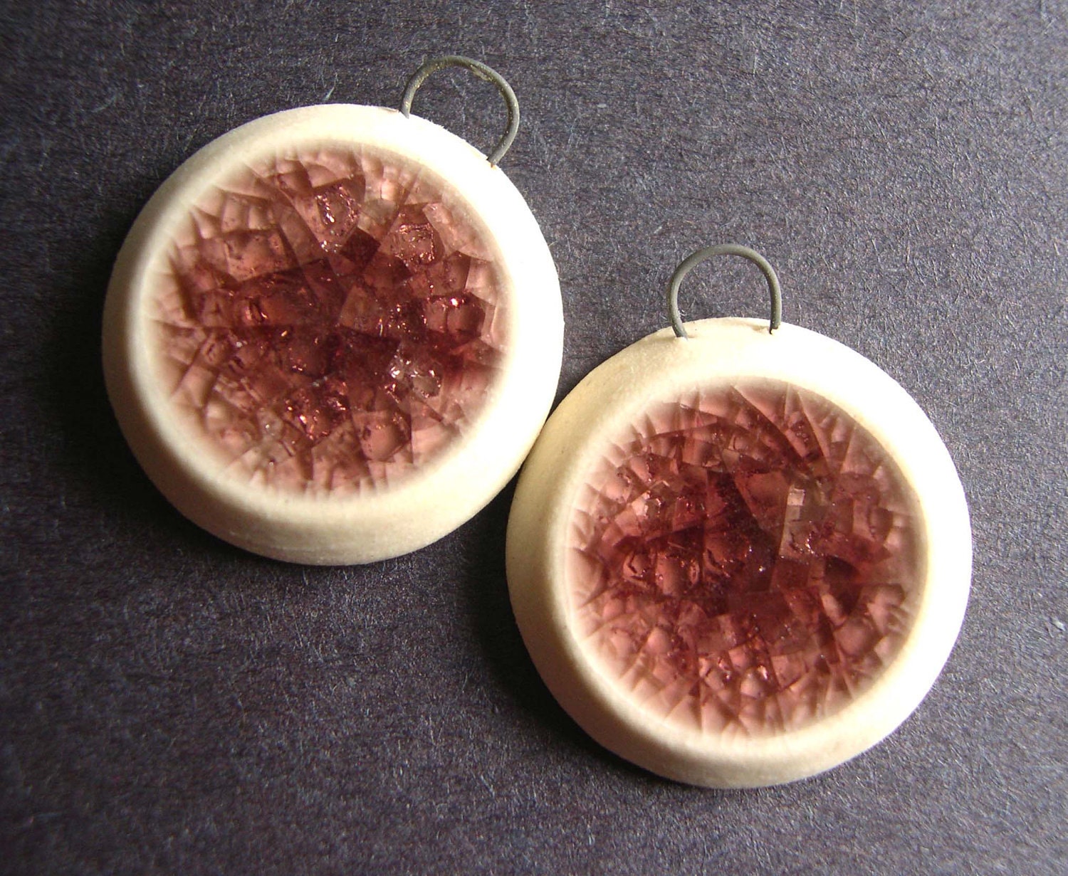 Plum Purple Small recycled glass and stoneware clay pendant charm or earring set