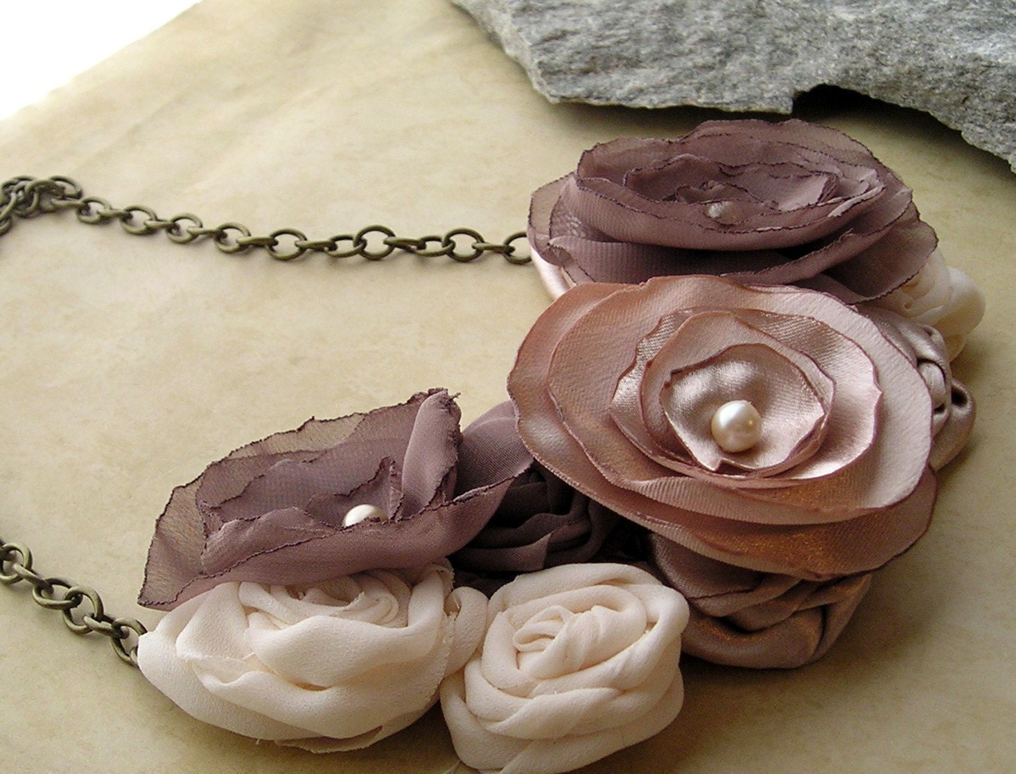 Coffee and Cream fabric flower bib necklace