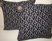 2 Pillows handmade black and white vine design with jewelry