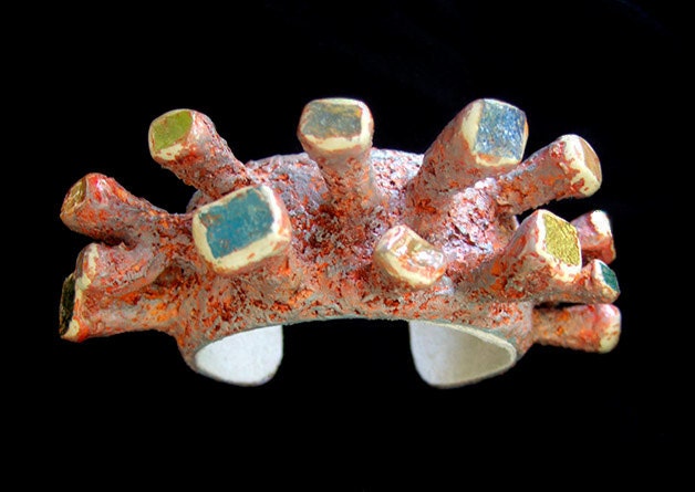 ooak Cuff Bracelet Coral Fantasy with Mosaic Glass