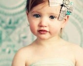 Customize Your Colors...Vintage Blue and Slate Vintage Inspired Rosette Headband with Millinery Tulle, Bow and Rhinestone Accent