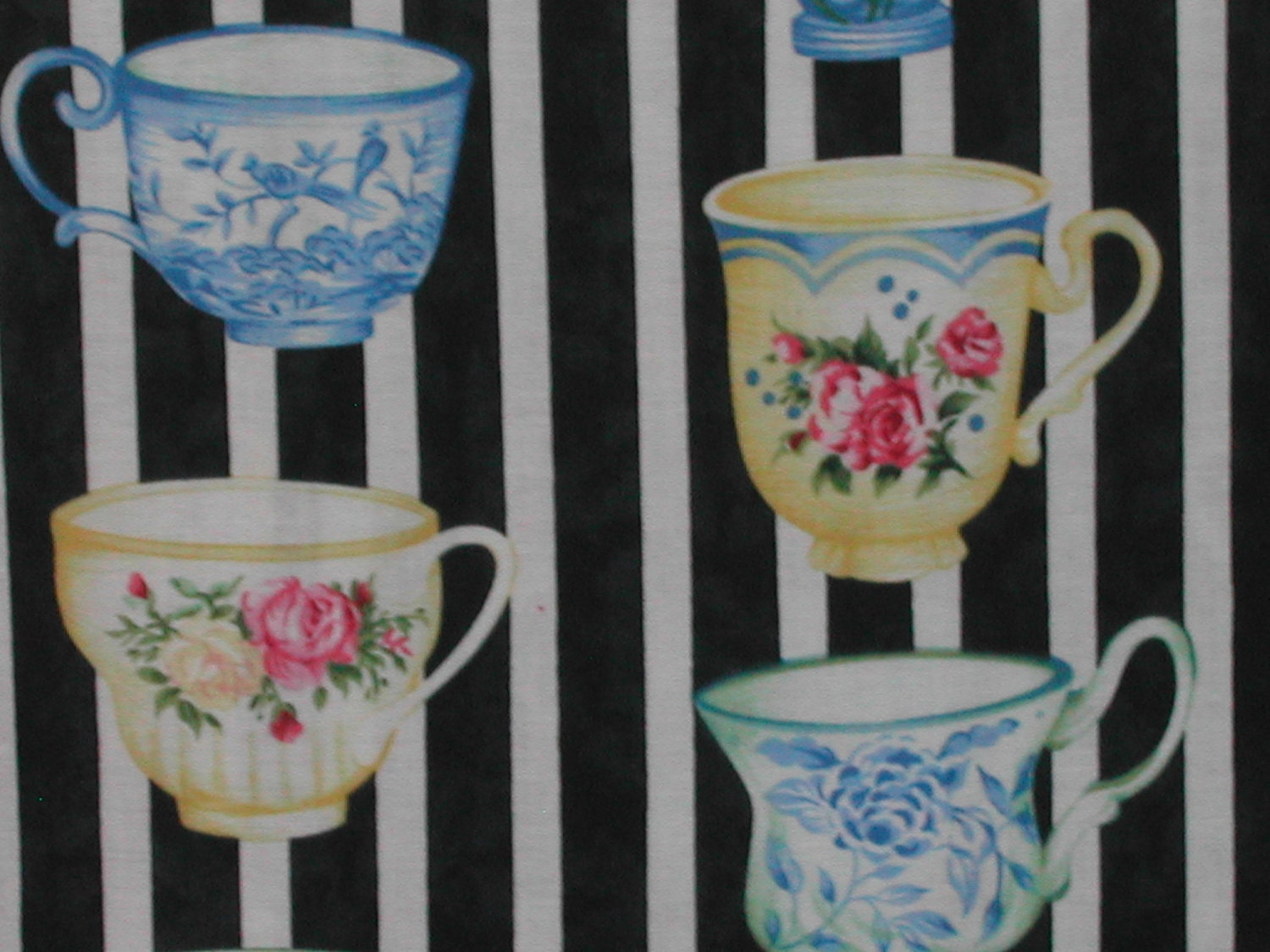 TeaCups Fabric on Black  White ...