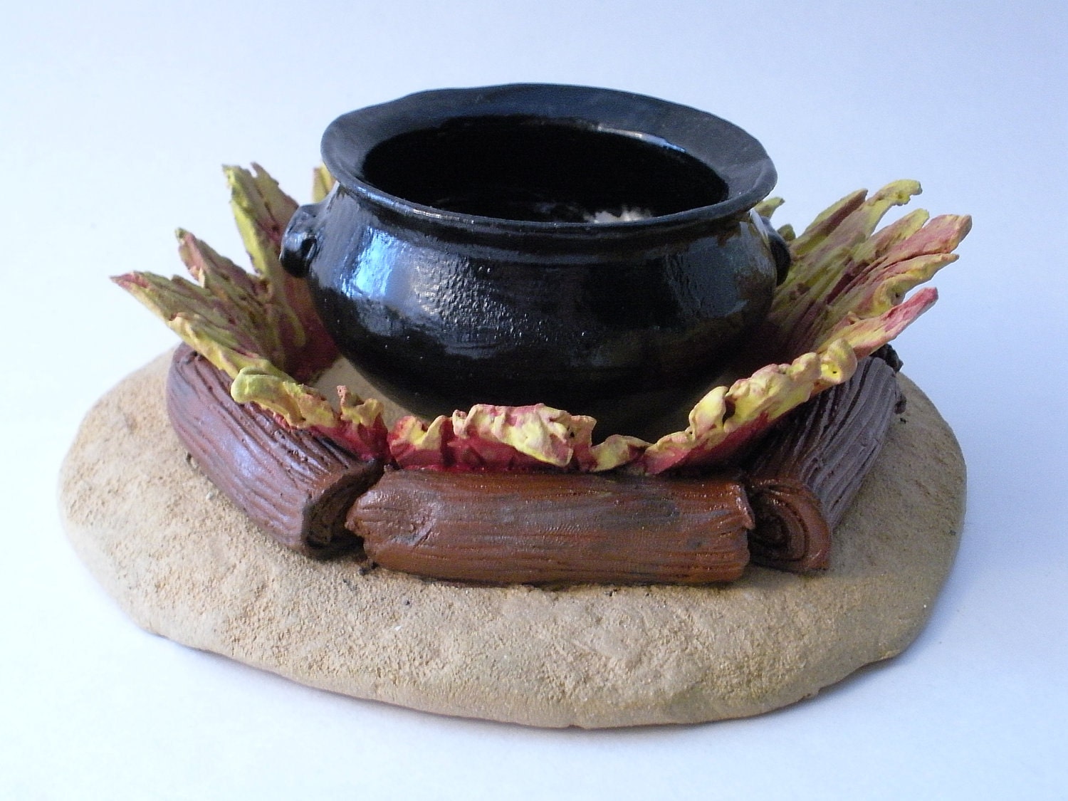 Two Piece Ceramic Cauldron and Fire Sculpture