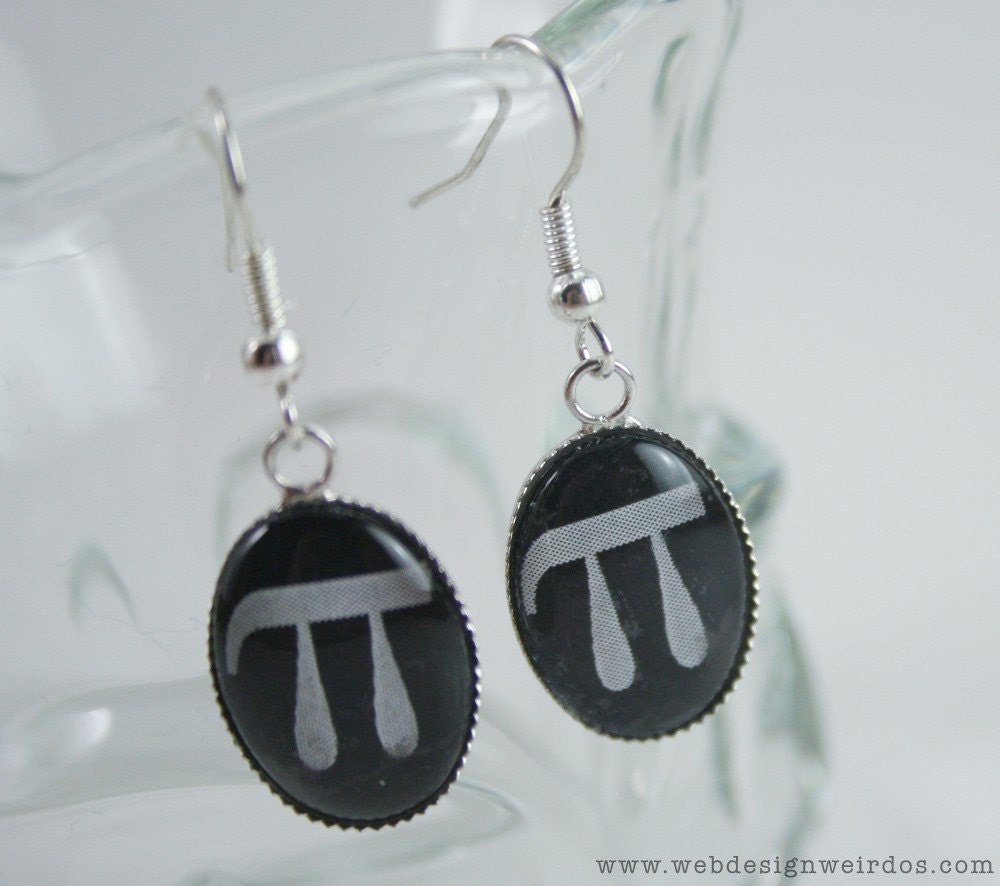 Pi Math Earrings. Black and Grey Glass Dangle Nerdy Earrings.