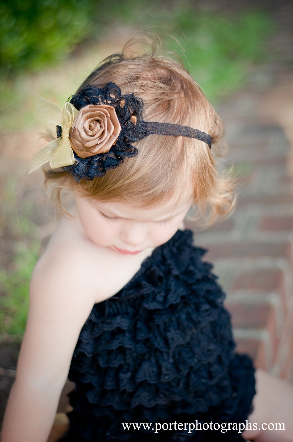 Brown Sugar - Gorgeous Handmade Headband for Baby Girls with Black and Goldtone Lace and a Handmade Goldtone / Brown Rosette