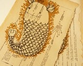 Sea Beast on French Flora Book Page / Limited Edition Gocco Print