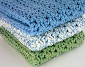 Crochet Kitchen Dishcloths Cotton Green and Blue Handmade Dishcloths Washcloths Set of 3