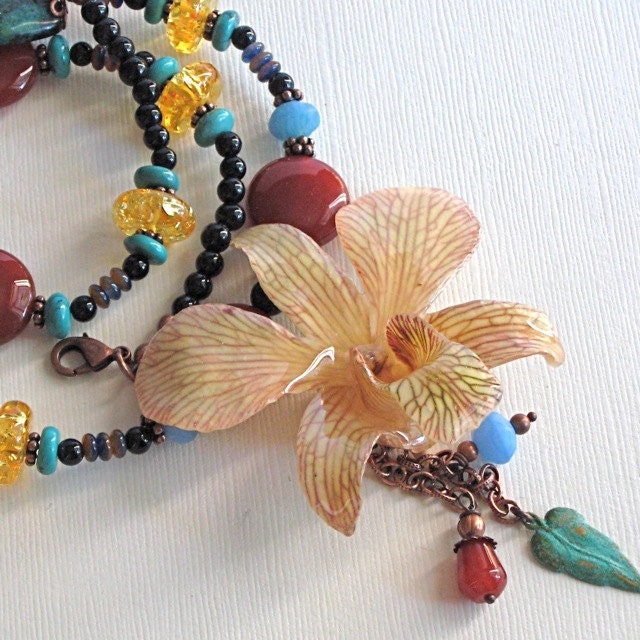 Real Orchid Necklace - Natural Preserved, Carnelian, Azurite Malachite, Amber, Turquoise, Czech Glass, Copper