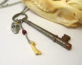 Vintage Antique Silver Skeleton Key Real Coyote Toe Bone Red Czech Glass Crystal Skull Neo Victorian Gothic Steampunk  Pendant Necklace