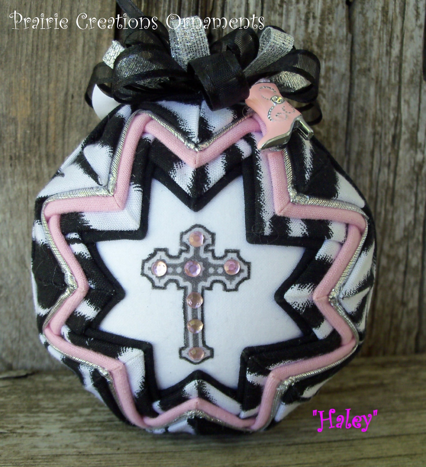 Pink Rhinestone Cross and Zebra Quilted  Ornament - Haley