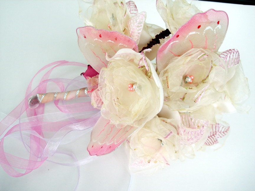 Handmade Bridal hand Flowers Ivory Cream Pink Little wedding Bouquet with Huge Butterfly Wings