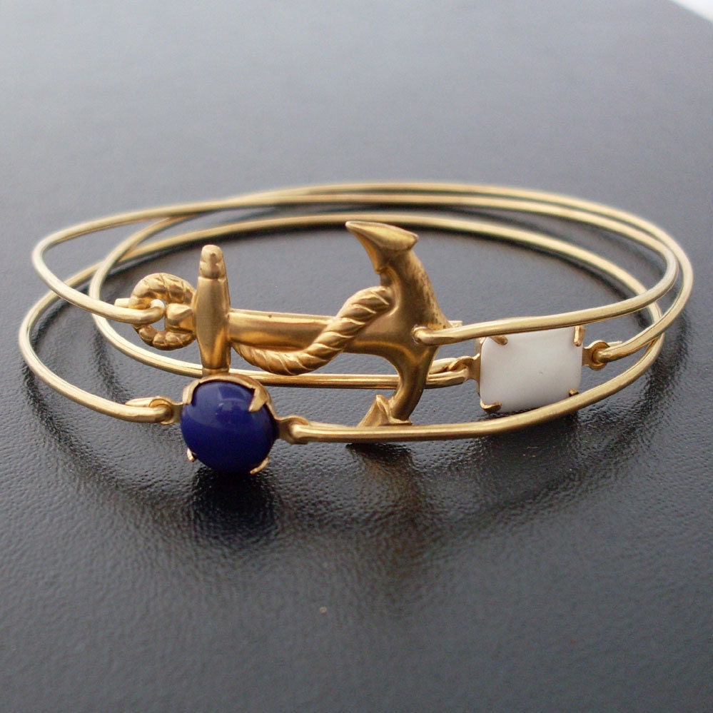 Nautical Bracelet Set, Sailor Ahoy Nautical Bangle Bracelets, Nautical Jewelry, Gold, White, Navy Blue, Ocean Bracelet, Ocean Themed Jewelry