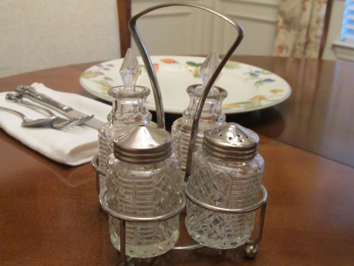 Salt and Pepper & Oil and Vinegar With Stainless Steel Holder Sixties Cruet