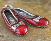 6 Antique Silver and Red Dorthy Shoes Ballerina Slipper Charms Finding 995
