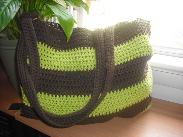 Crochet Handbag Cotton Unstructured in Lime Green and Brown