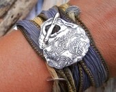 Hand Dyed Silk Ribbon Wrap Bracelet, Ocean Waves, Eco Friendly Reclaimed Pure Silver Toggle Clasp, Pick a Color, ORIGINAL ART