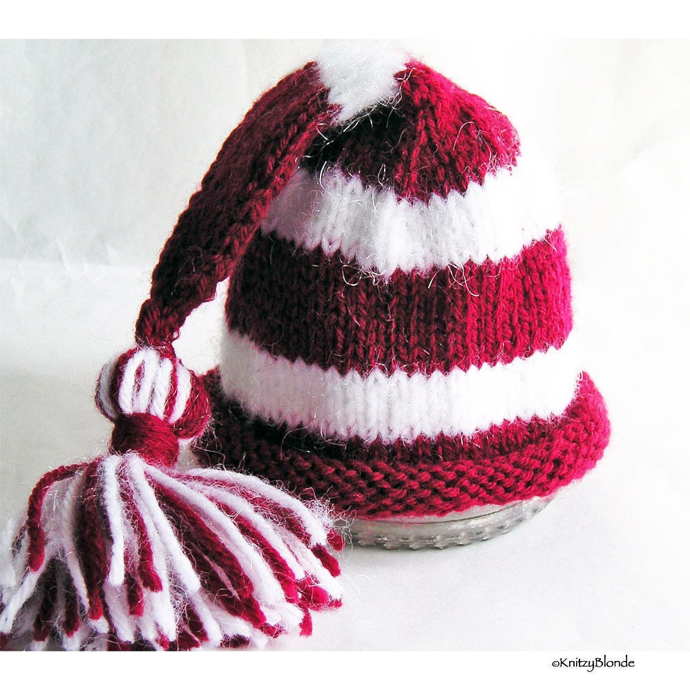 Baby Elf Hat in Cranberry Red and White with Tassel, Photo Prop - Custom Size, Made to Order